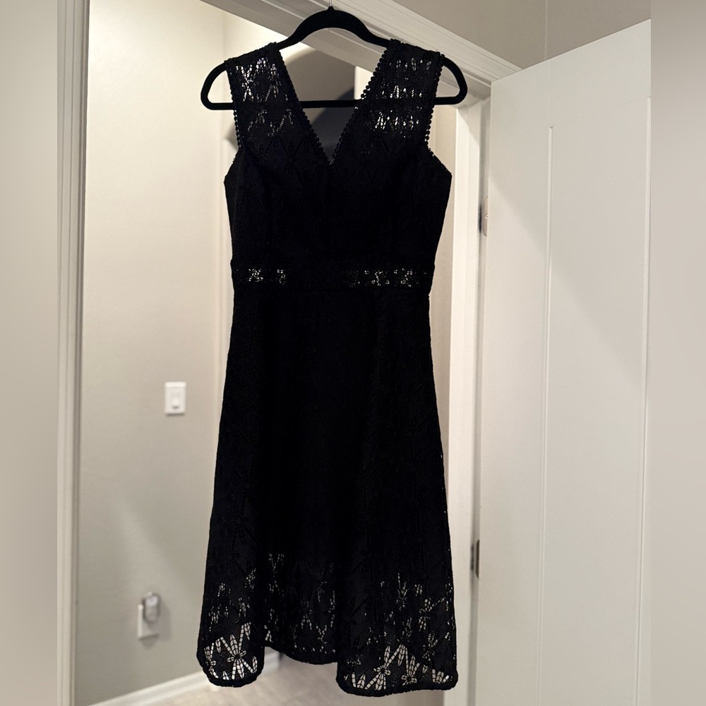 White House Black Market Black Tiered Midi Dress V-neck A-line